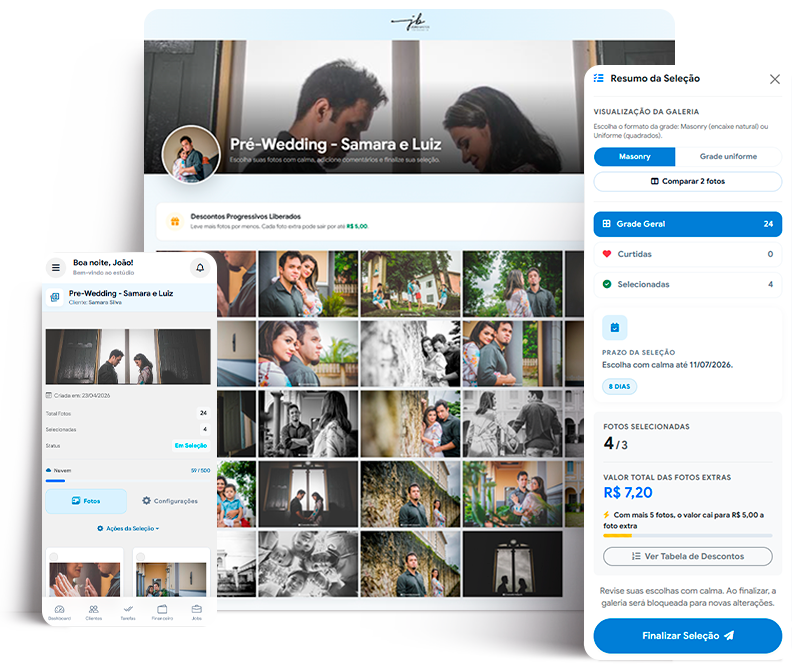 Cliente selecionando fotos extras no smartphone com contador de valores
